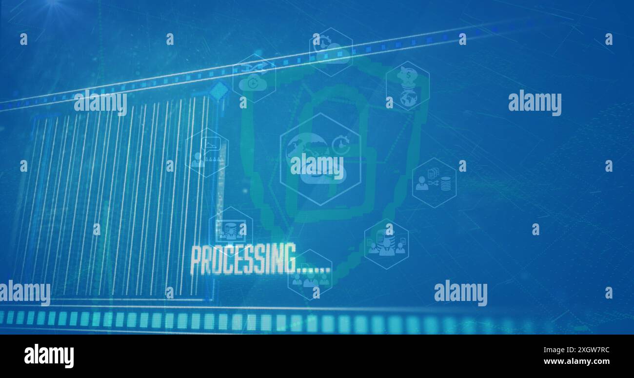 Image of files deleting processing, icons, security symbol against blue background. Digital composite, communication, technology, cloud computing, dat Stock Photo