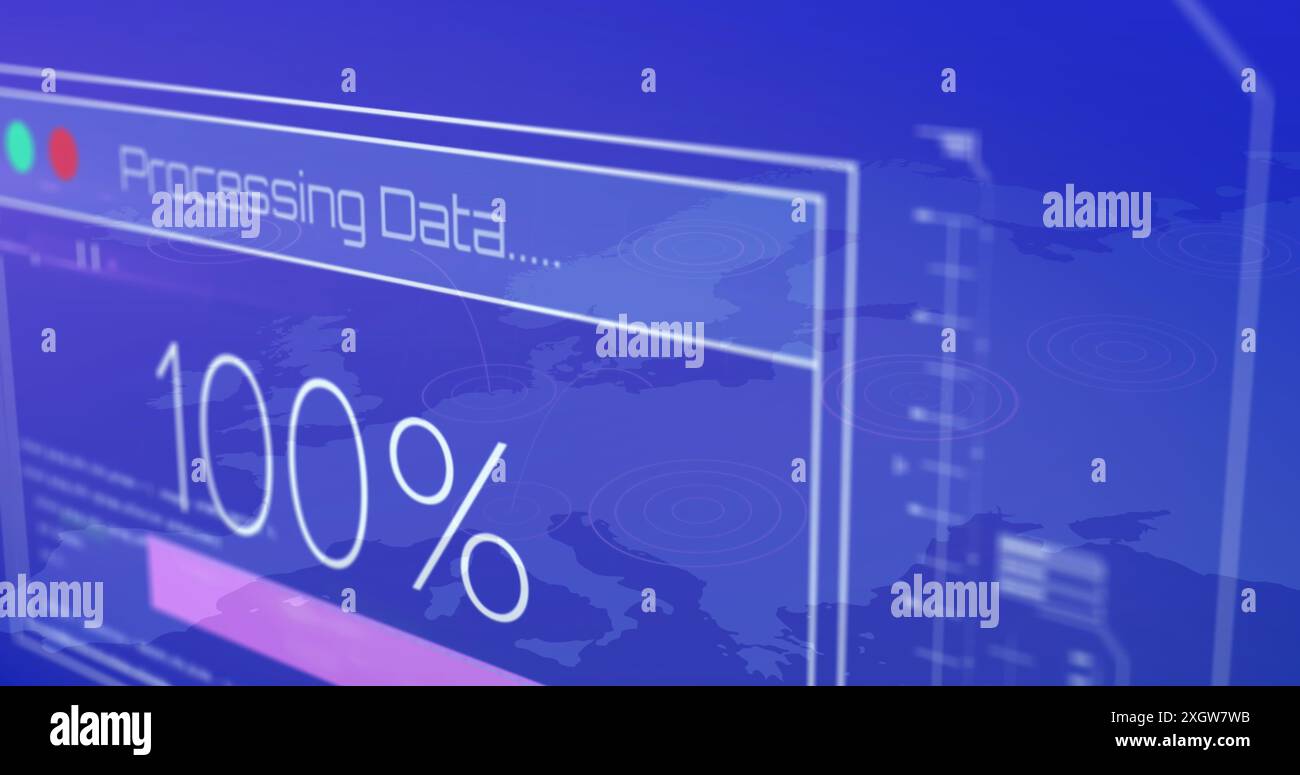 Image of 100 percent data processing loading against blue world map ...