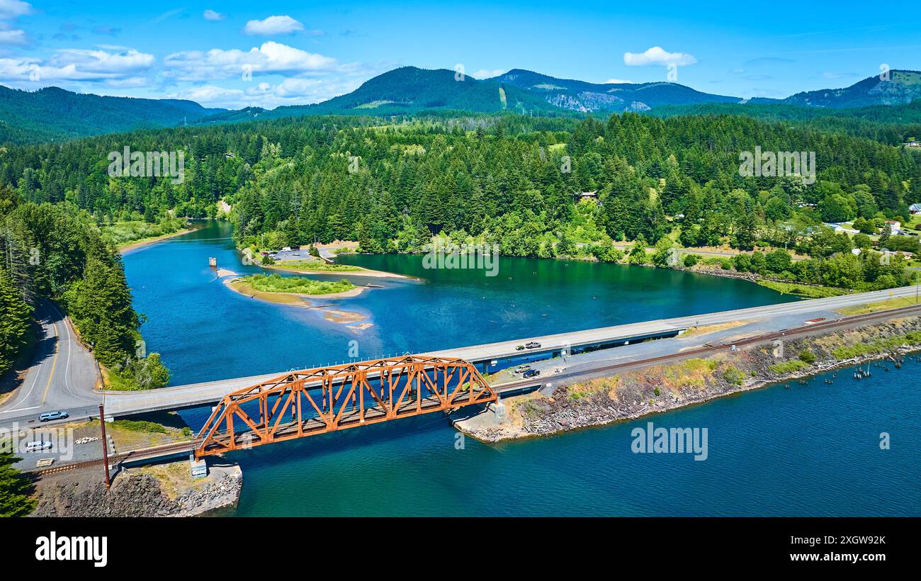 Wind Rises Bridge Aerial View of Wind River Bridge and Highway Over Lush Forest Stock ...
