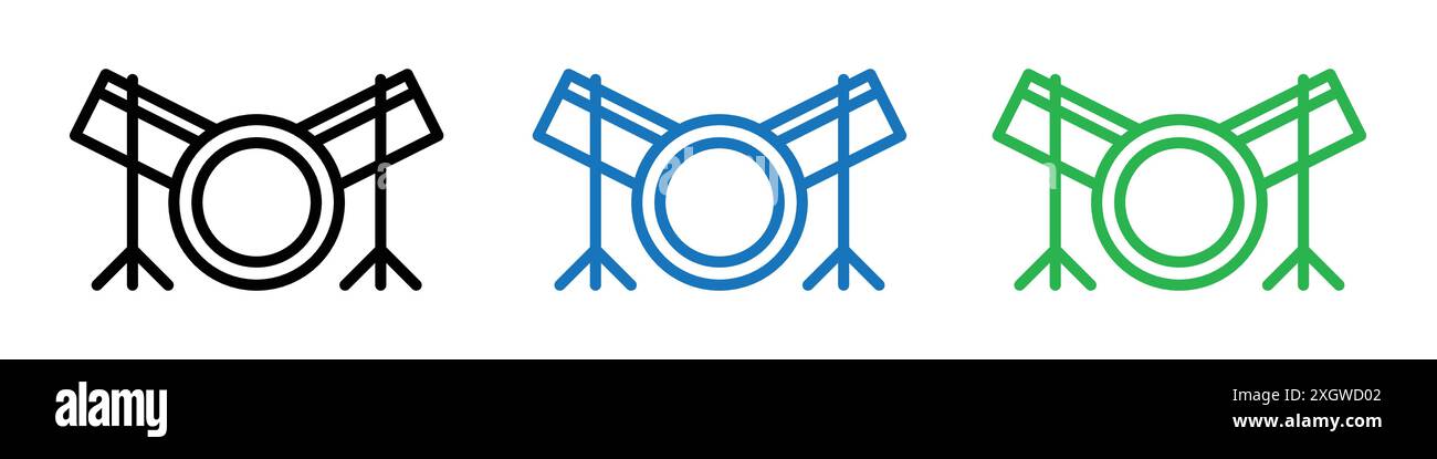 Drum set icon logo sign vector outline in black and white color Stock Vector