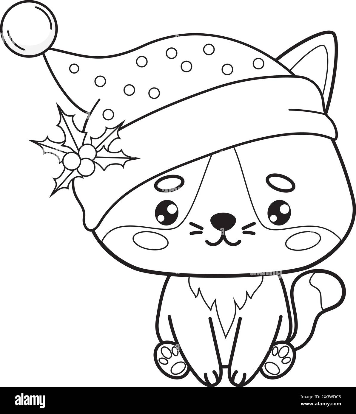Cute Christmas cat in Santa hat. Festive New Year outline cartoon ...