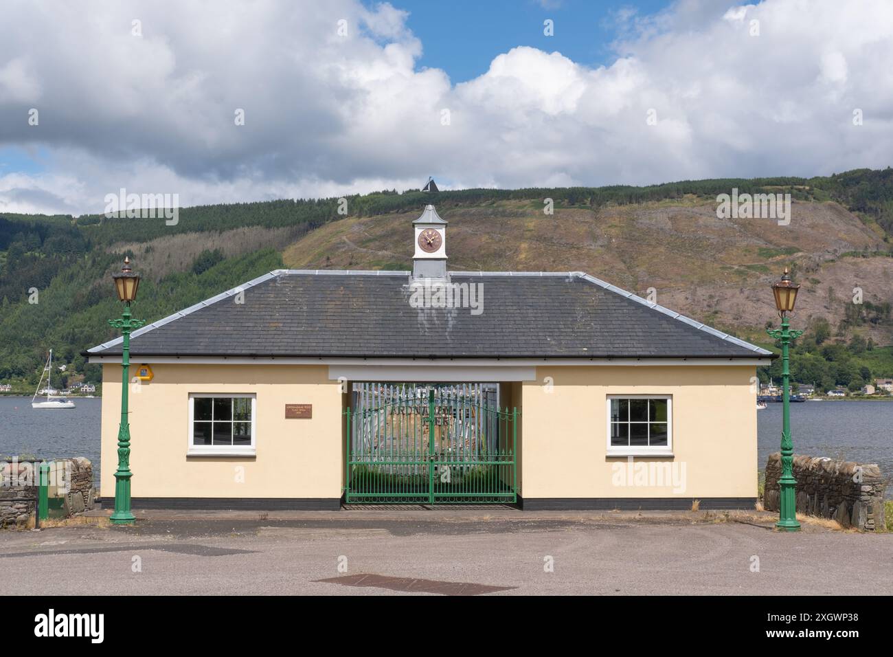 Entrance to the now disused Ardnadam Pier, near the village of Sandbank, Argyll and Bute, Scotland; sits beside the Holy Loch.  Built in 1858. Stock Photo