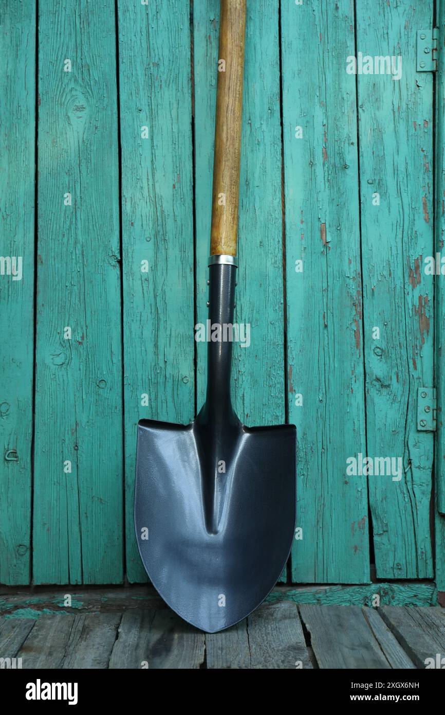 Metal shovel near turquoise wooden wall. Gardening tool Stock Photo