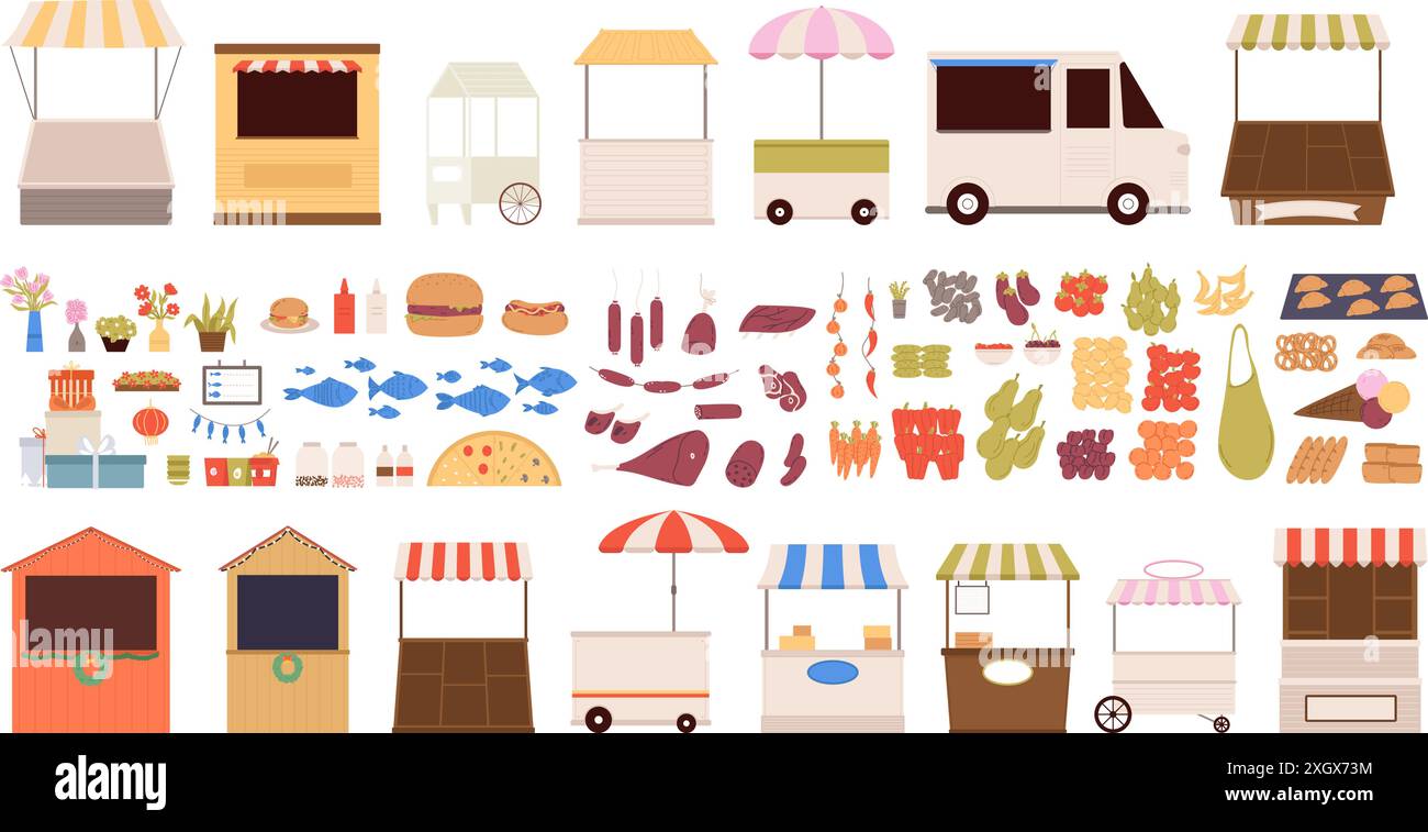 Market stalls. Fresh food fish meat products flowers vegetables and fruits. Christmas fair elements, gift boxes burger hot dog, flat farm stands Stock Vector