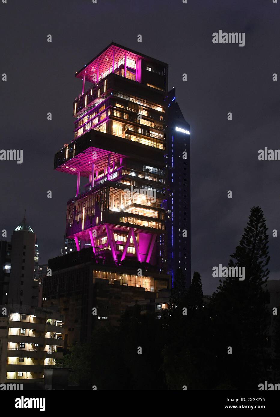 Indian businessman Mukesh Ambani's residence is lit up ahead of his son ...