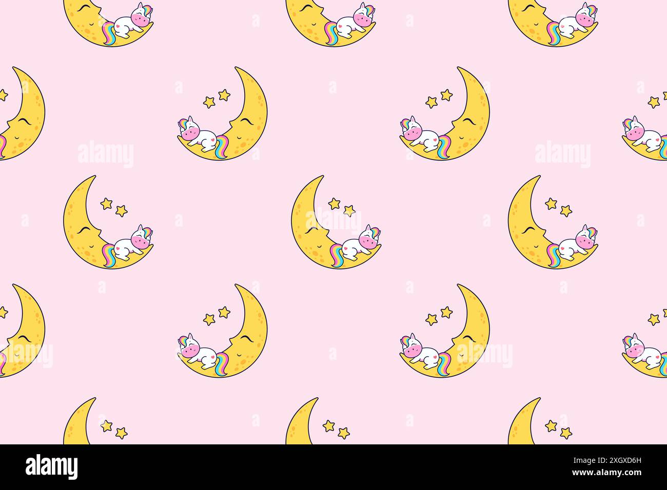 Cartoon unicorn sleeps on the moon. Vector seamless pattern. Stock Vector