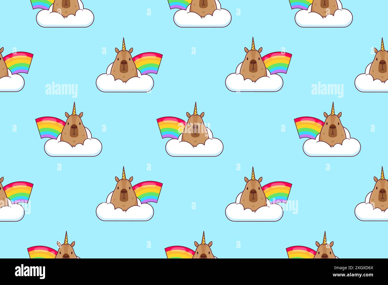 Seamless pattern of capybara and rainbow. Vector illustration. Stock Vector