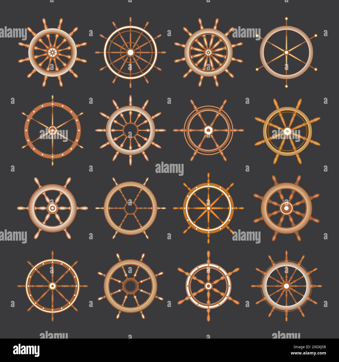 Wooden vintage steering wheels. Ship, sailboat or yacht retro wheel ...