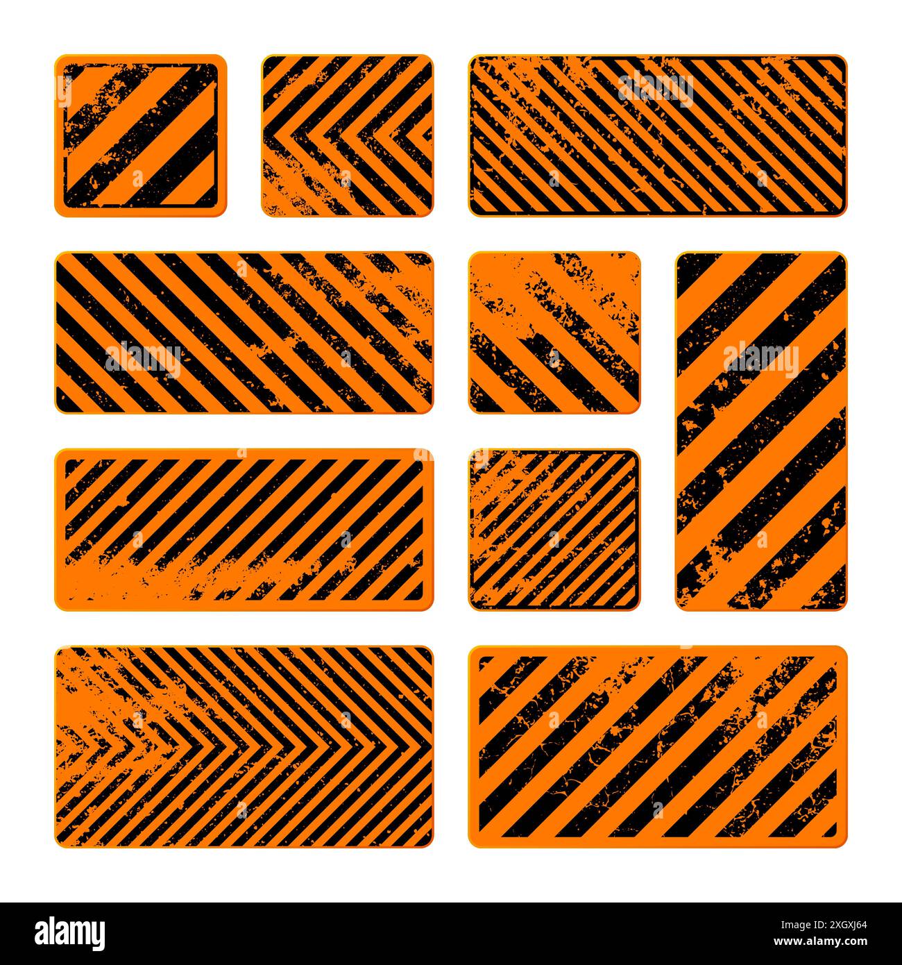 Orange grunge warning signs with diagonal lines. Old attention, danger ...