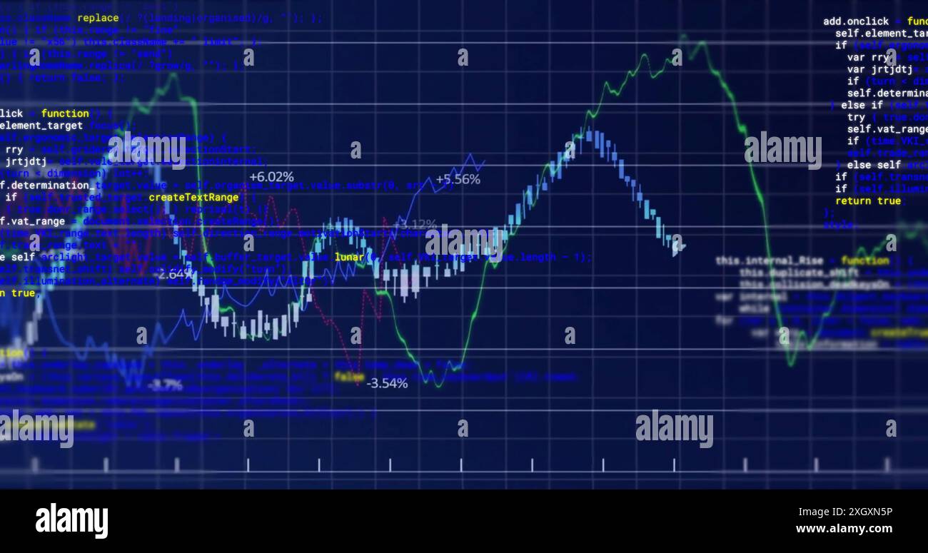 Image of graph and data processing over grid on blue background. Connection, data, processing, digital interface and communication, digitally generate Stock Photo