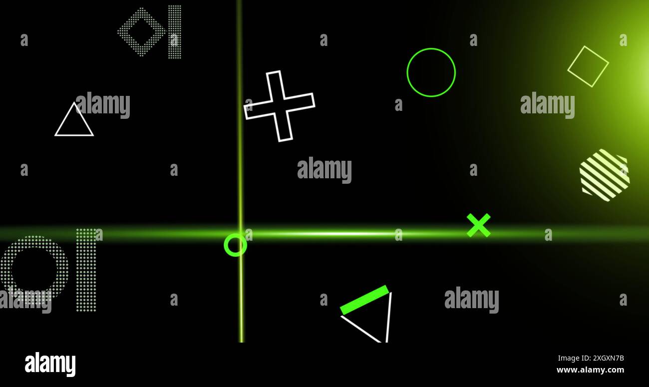 Image of rotating shapes and green scanner beams on dark background Stock Photo