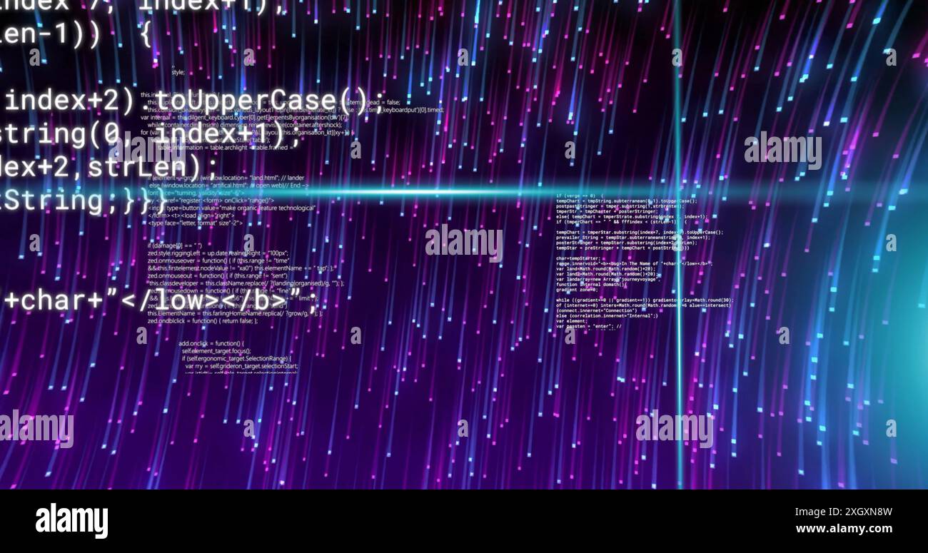 Image of blue scanner beams over processing data and blue and pink light trails. Connection, data, processing, digital interface and communication, di Stock Photo