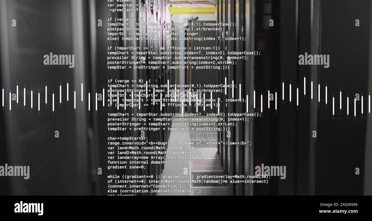 Image of data stream and text data files processing over dark computer server room Stock Photo