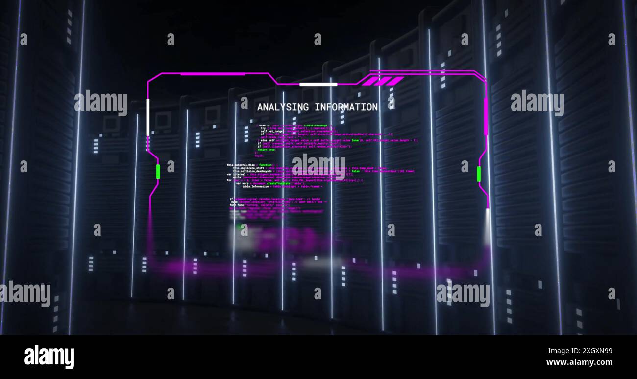 Image of computer servers over analysing information text on processing data file on black. Connection, data, processing, business, digital interface Stock Photo