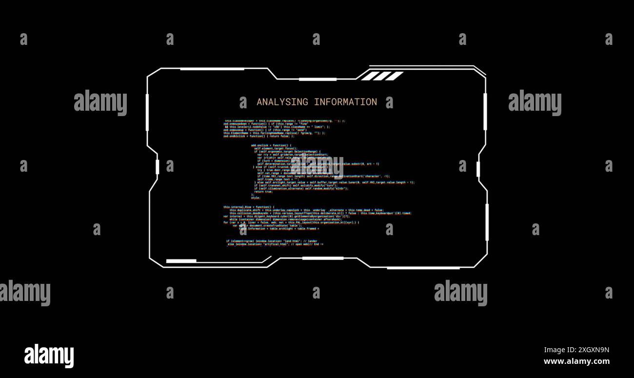 Image of glitching interface with analysing information text processing on black. Connection, data, processing, interference, digital interface and co Stock Photo