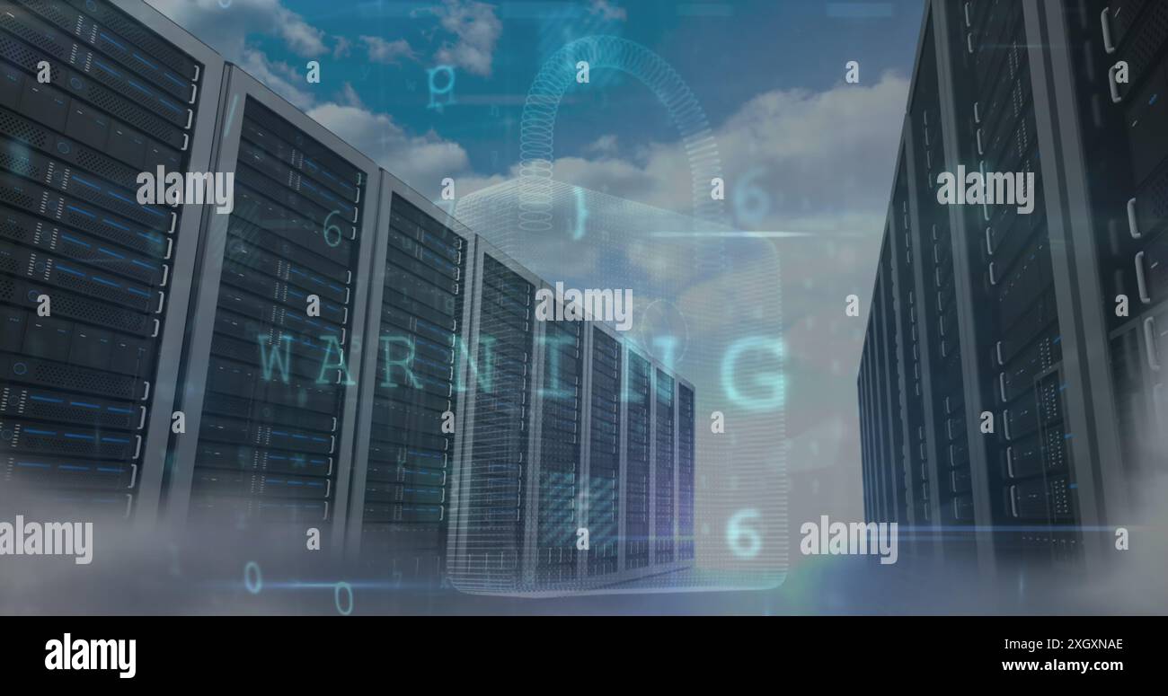 Image of padlock, warning text and data processing over computer servers in background. global internet security, data processing and digital interfac Stock Photo
