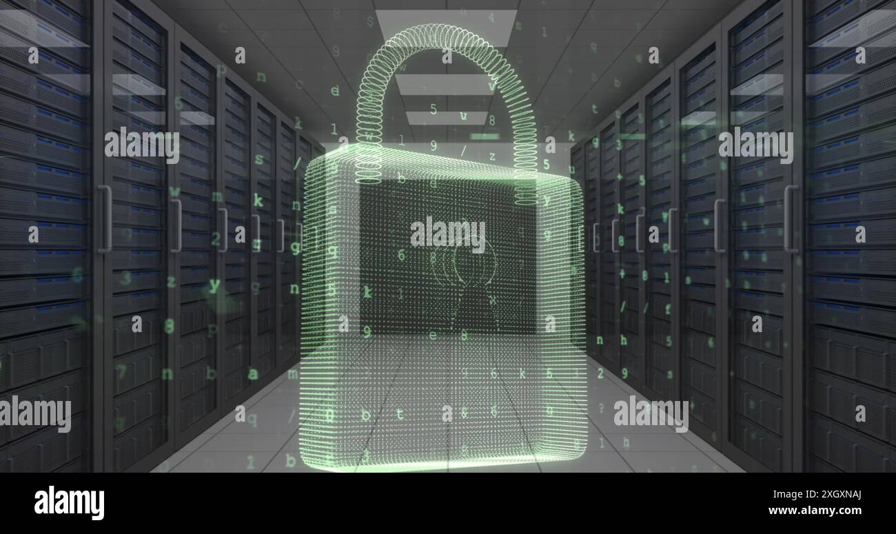 Image of padlock, warning text and data processing over computer servers in background Stock Photo