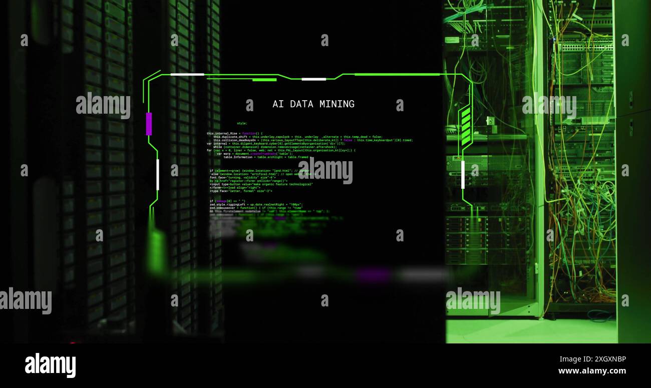 Image of interface ai data mining over computer servers. Connection, data, ai, processing, digital interface and communication, digitally generated im Stock Photo