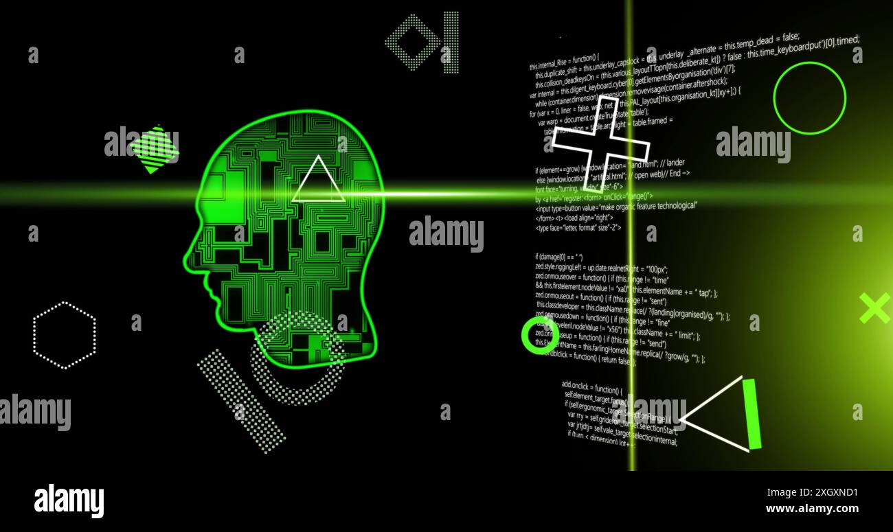 Image of green scanner beams and rotating shapes over network head and processing data on black. Connection, data, ai, processing, digital interface a Stock Photo