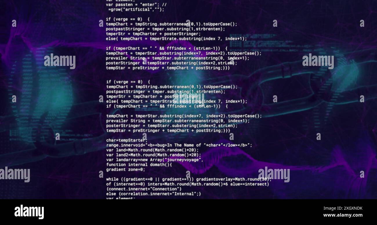 Image of glitching text data processing over blue and purple network waves on dark background Stock Photo