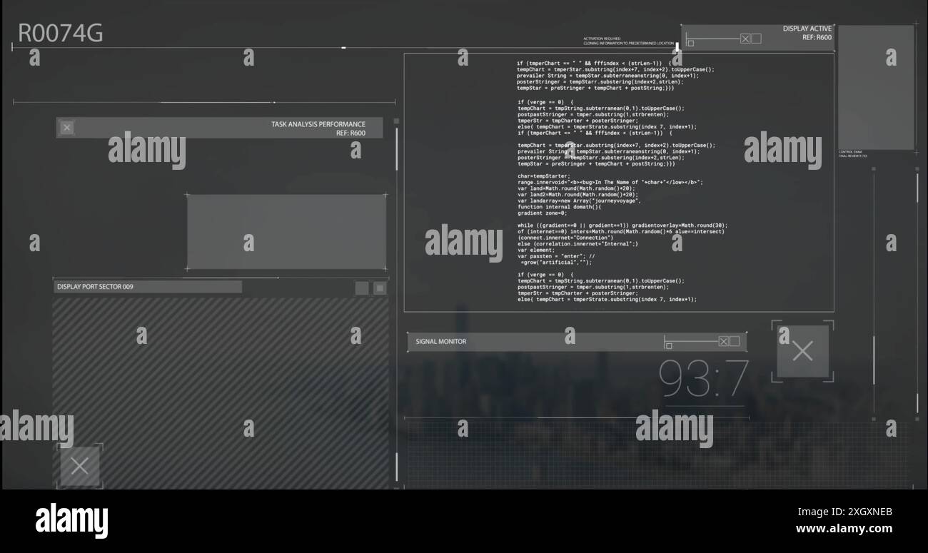 Image of glitching interfaces processing data on dark background. Connection, data, processing, digital interface and communication, digitally generat Stock Photo