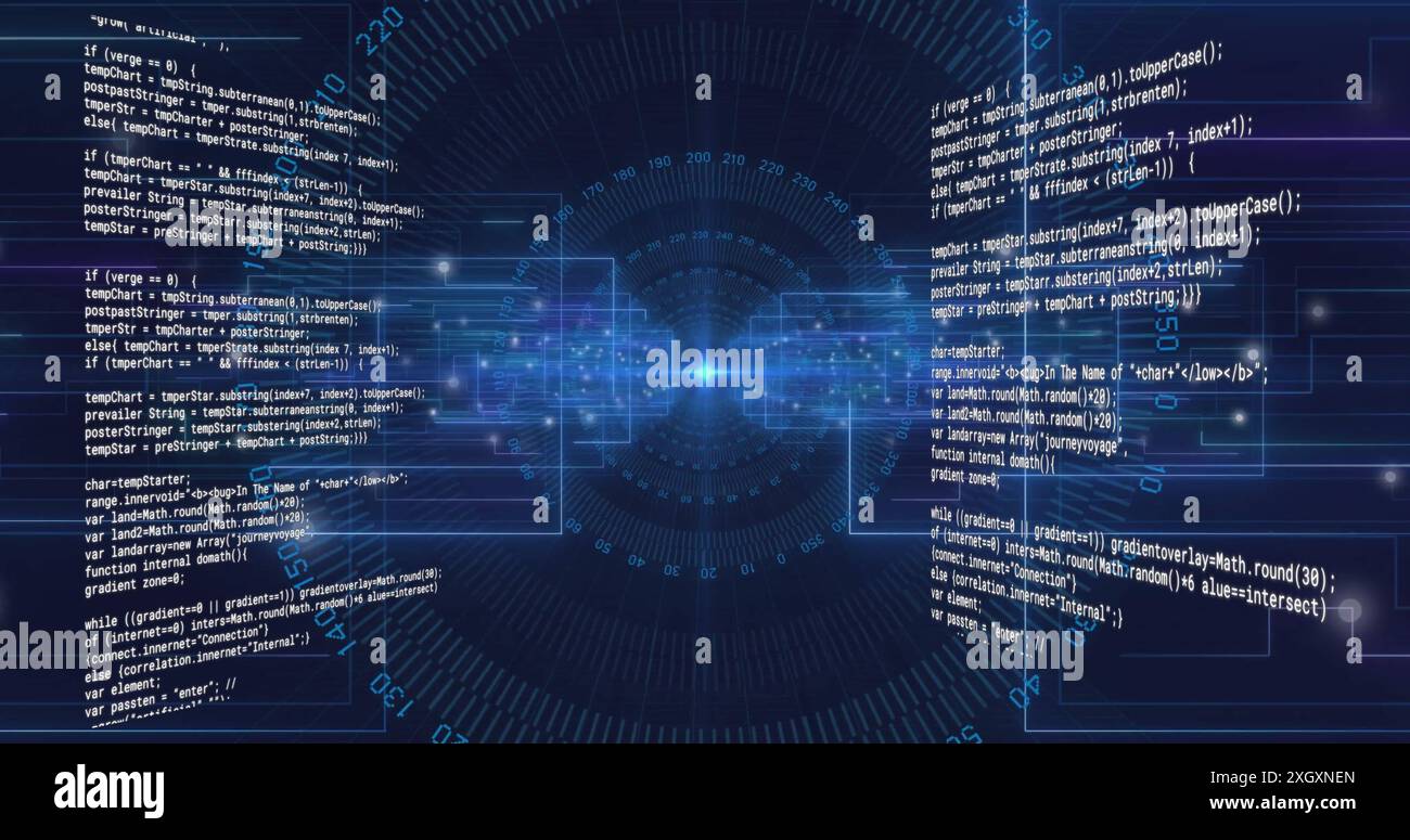 Image of text data processing over blue circular scanner, interface outlines and light spots Stock Photo