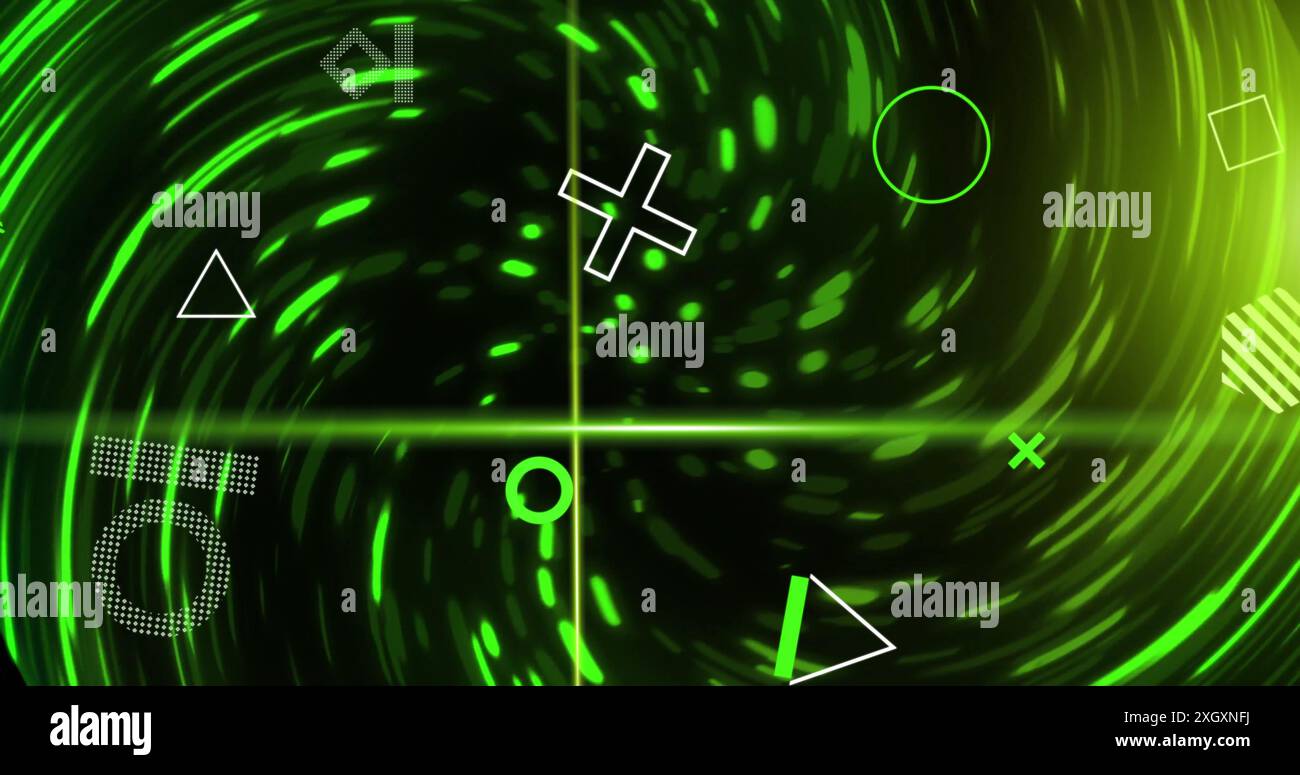 Image of rotating shapes and green scanner beams over swirling green lights on black background. Connection, data, processing, digital interface and c Stock Photo