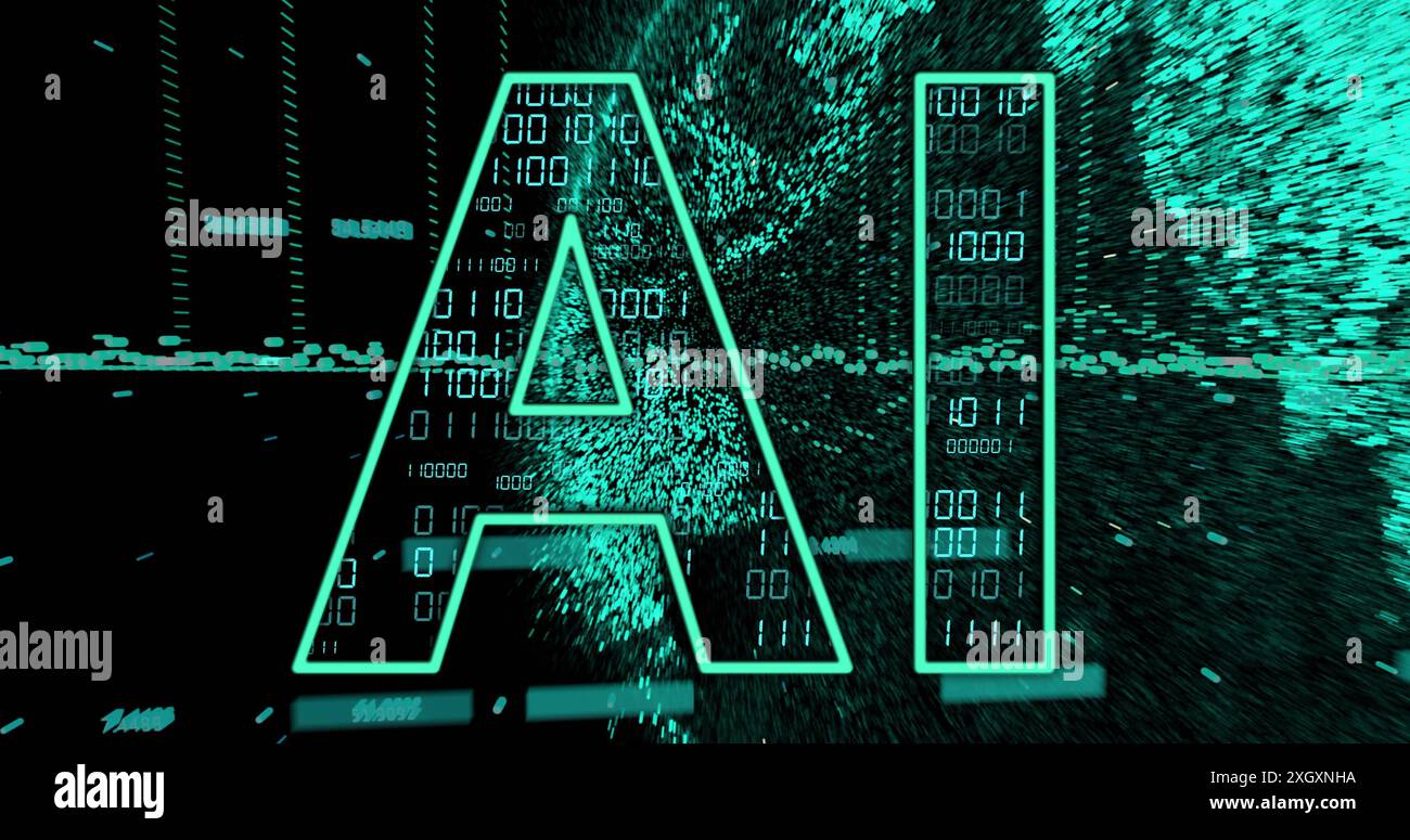 Image of ai text, binary coding and data processing over dark background. Global artificial intelligence, connections, computing and data processing c Stock Photo