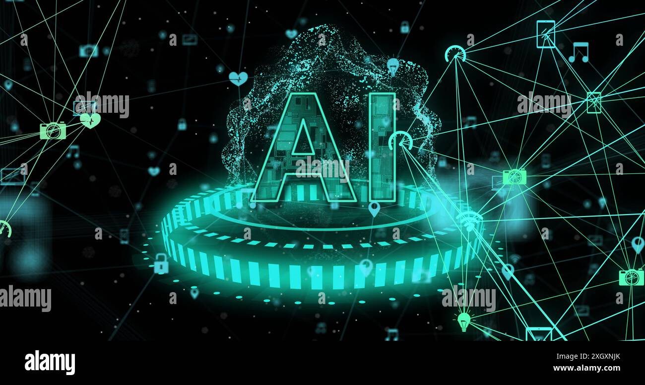 Image of ai text, globe with binary coding and data processing over dark background. Global artificial intelligence, connections, computing and data p Stock Photo