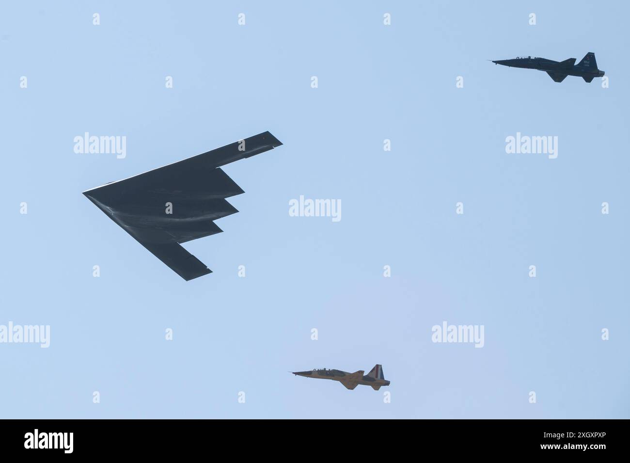 A B2 Spirit stealth bomber and two T38 Talon aircraft assigned to the