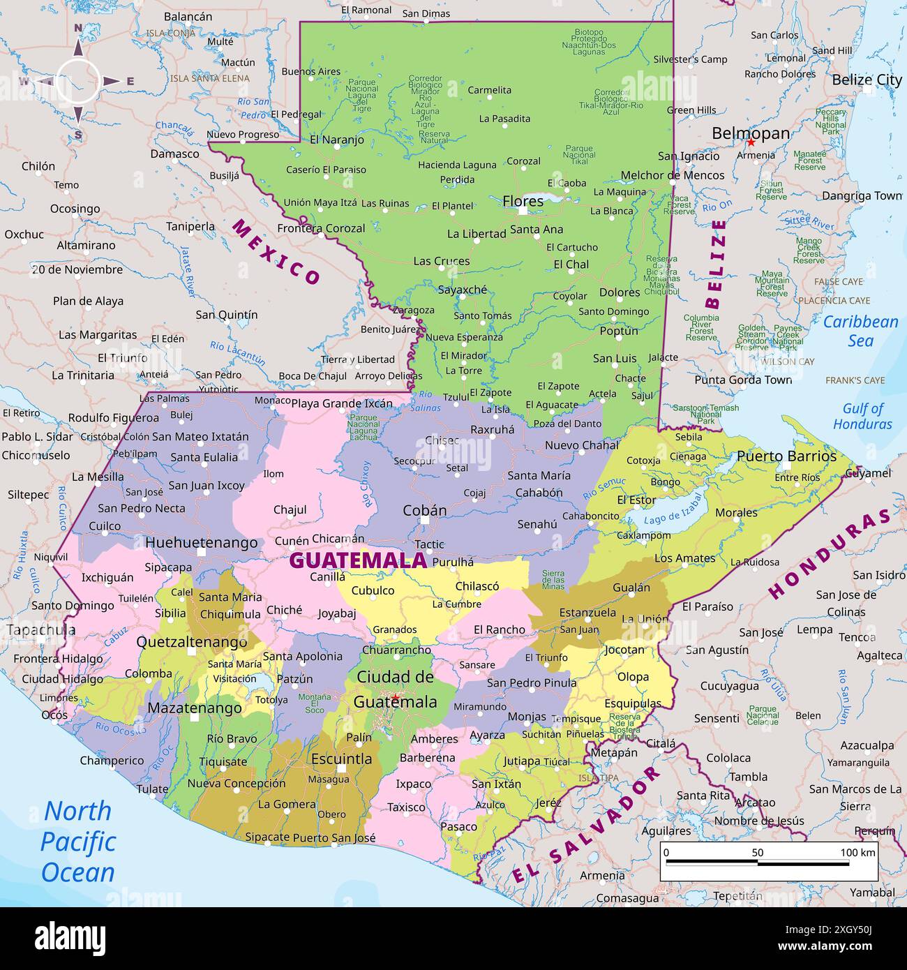 Guatemala Political Map With Capital Cities Towns National Borders Guatemala Political Map With Capital Cities Towns National Borders Rivers And Lakes Labeling 2XGY50J