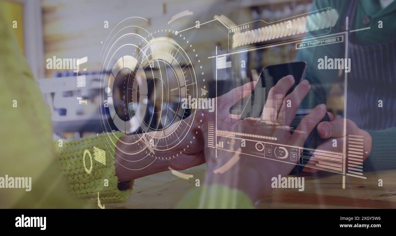 Image of digital interface over people using payment terminal. Global ...