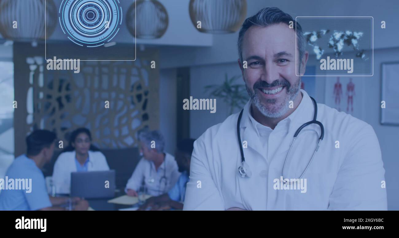 Image of data processing over diverse doctors smiling. Global medicine and digital interface concept digitally generated image. Stock Photo