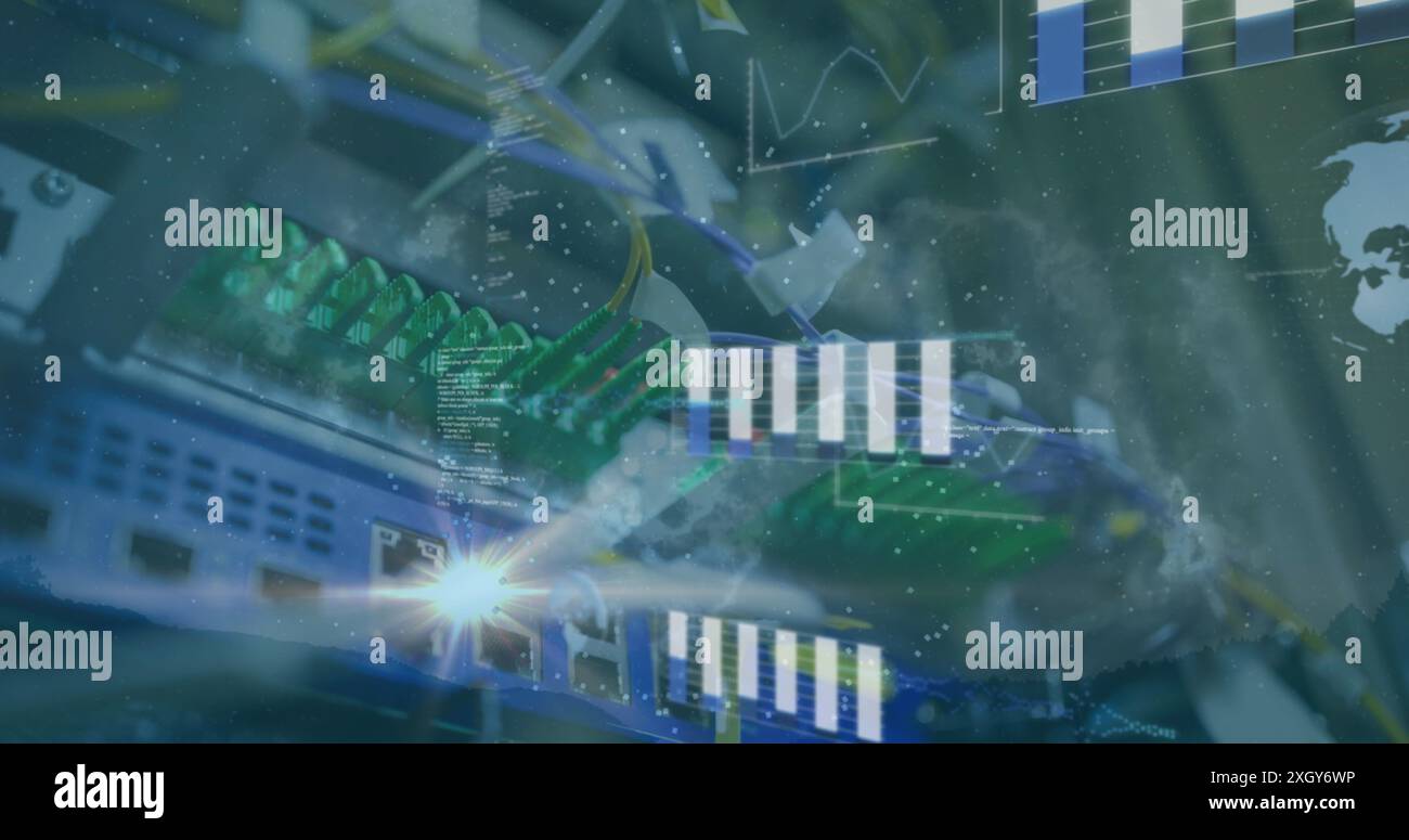 Image of data processing and white particles spinning against close up ...