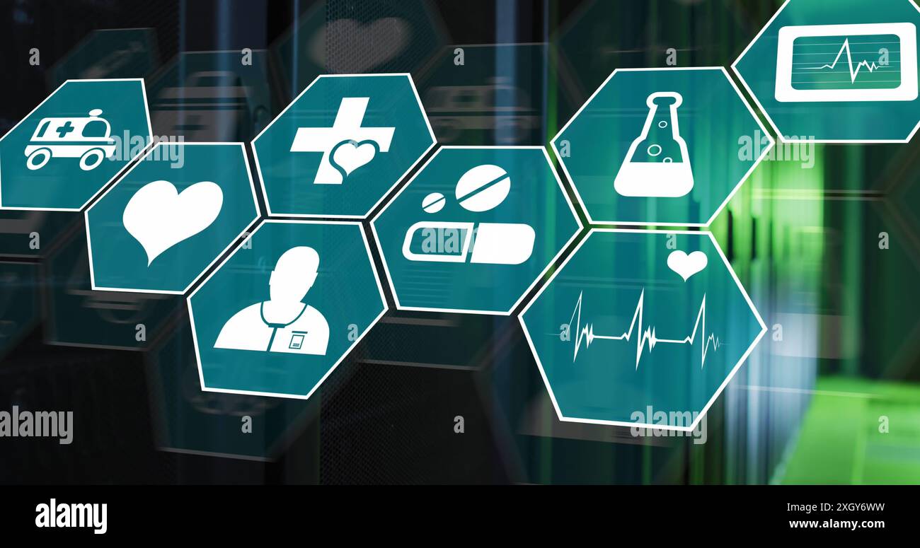 Image of icon in hexagons over server room in background. Digital composite, multiple exposure, medical, healthcare, science ,networking, technology a Stock Photo