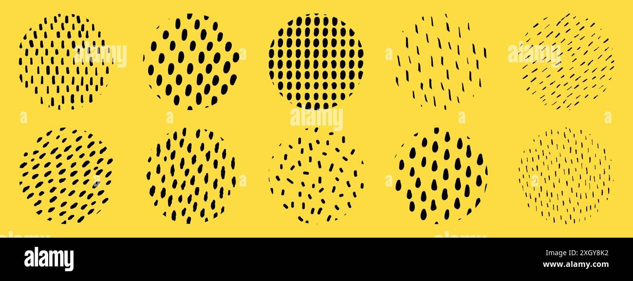 Line texture set with different hand drawn circle patterns. Small dash black lines pattern. Stock Vector