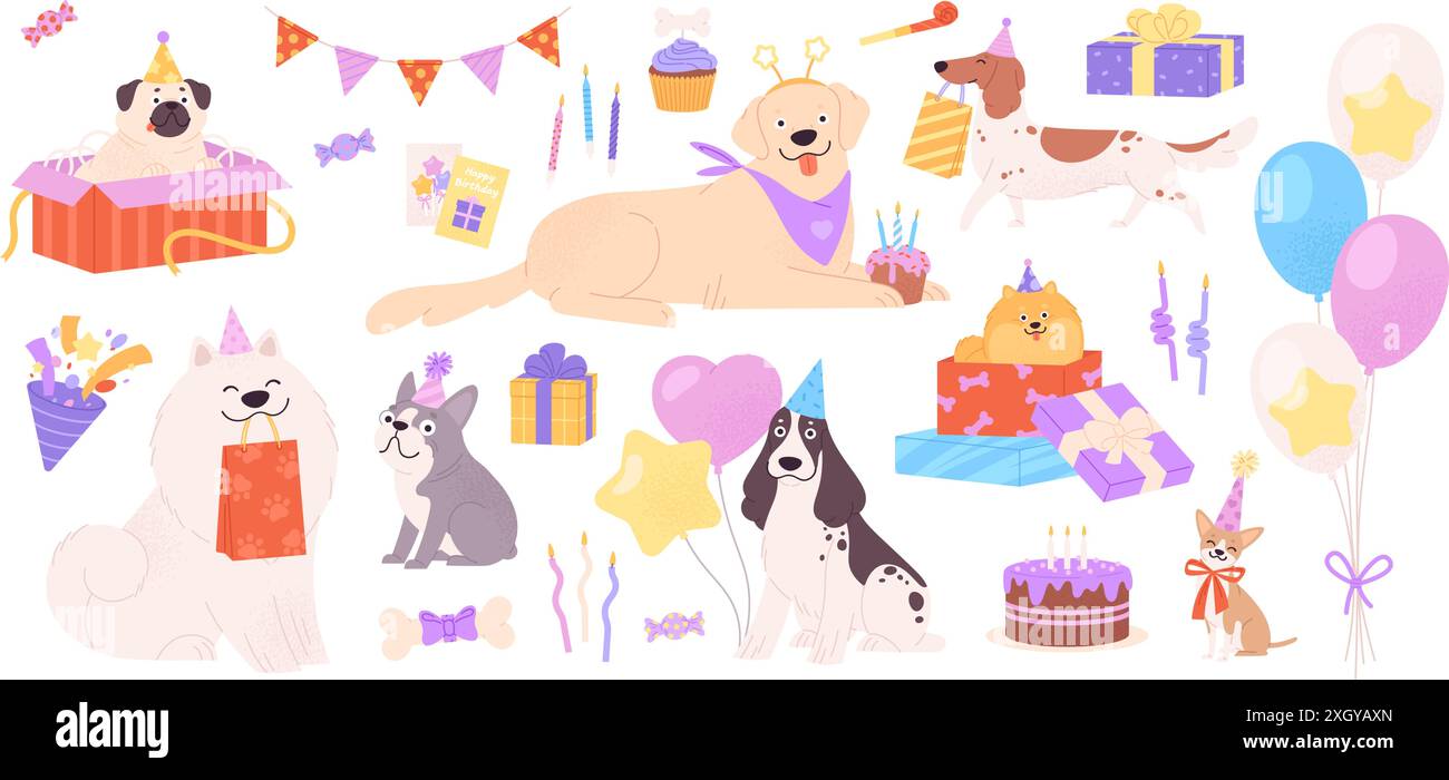 Cartoon birthday dogs. Positive puppies celebrating with balloons cakes ...