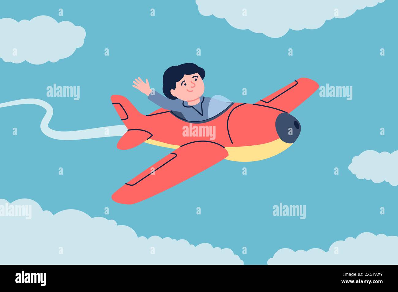 Toddler pilot. Little boy fly on plane in sky with clouds. Cartoon kid flying on airplane. Dream comes true metaphor, child play transport, recent Stock Vector