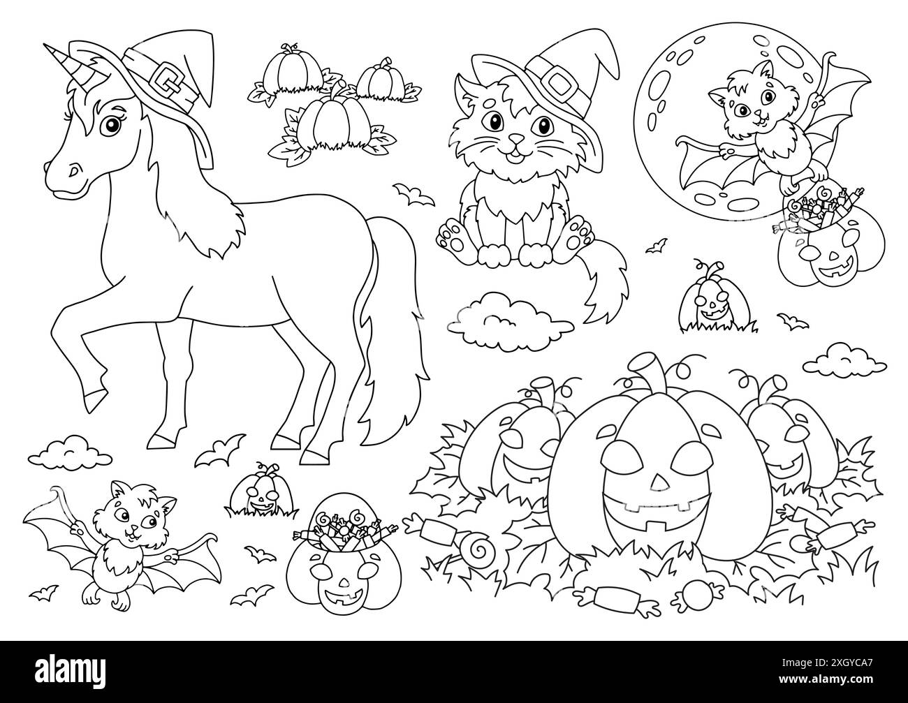Unicorn in a hat, cat, bat, pumpkin. Halloween theme. Coloring book