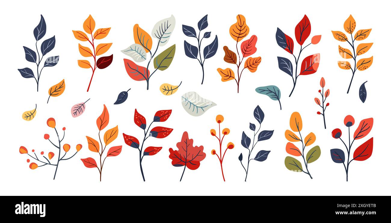 Set of folk autumn leaves and branches. Hand drawn. Flat vector ...