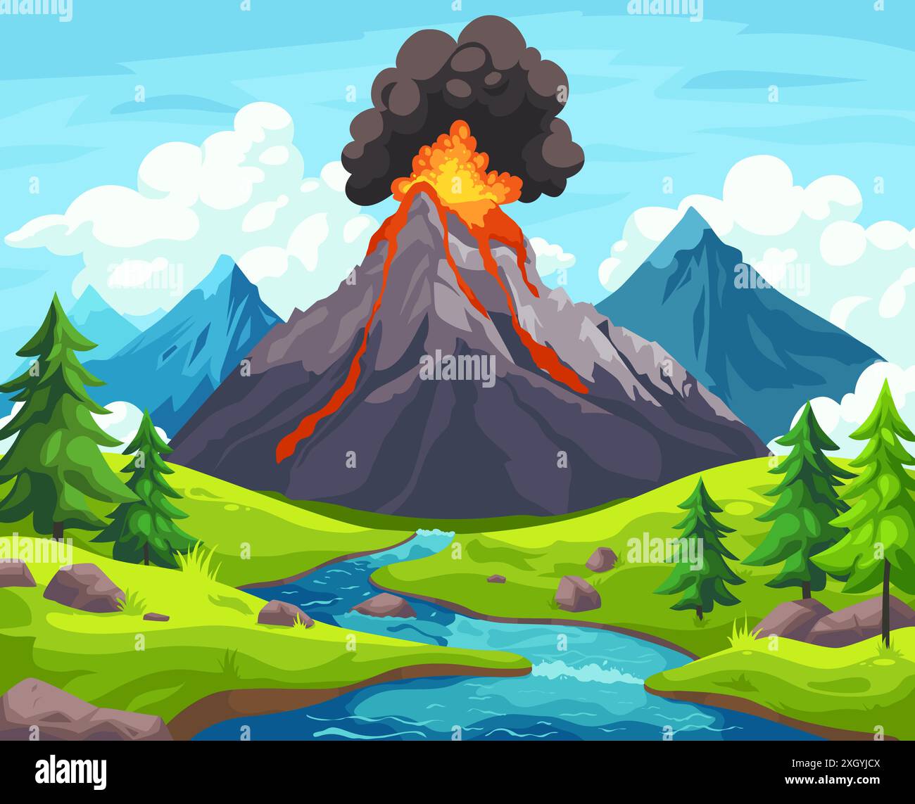 Volcano eruption landscape. Erupting volcanoes cartoon background ...