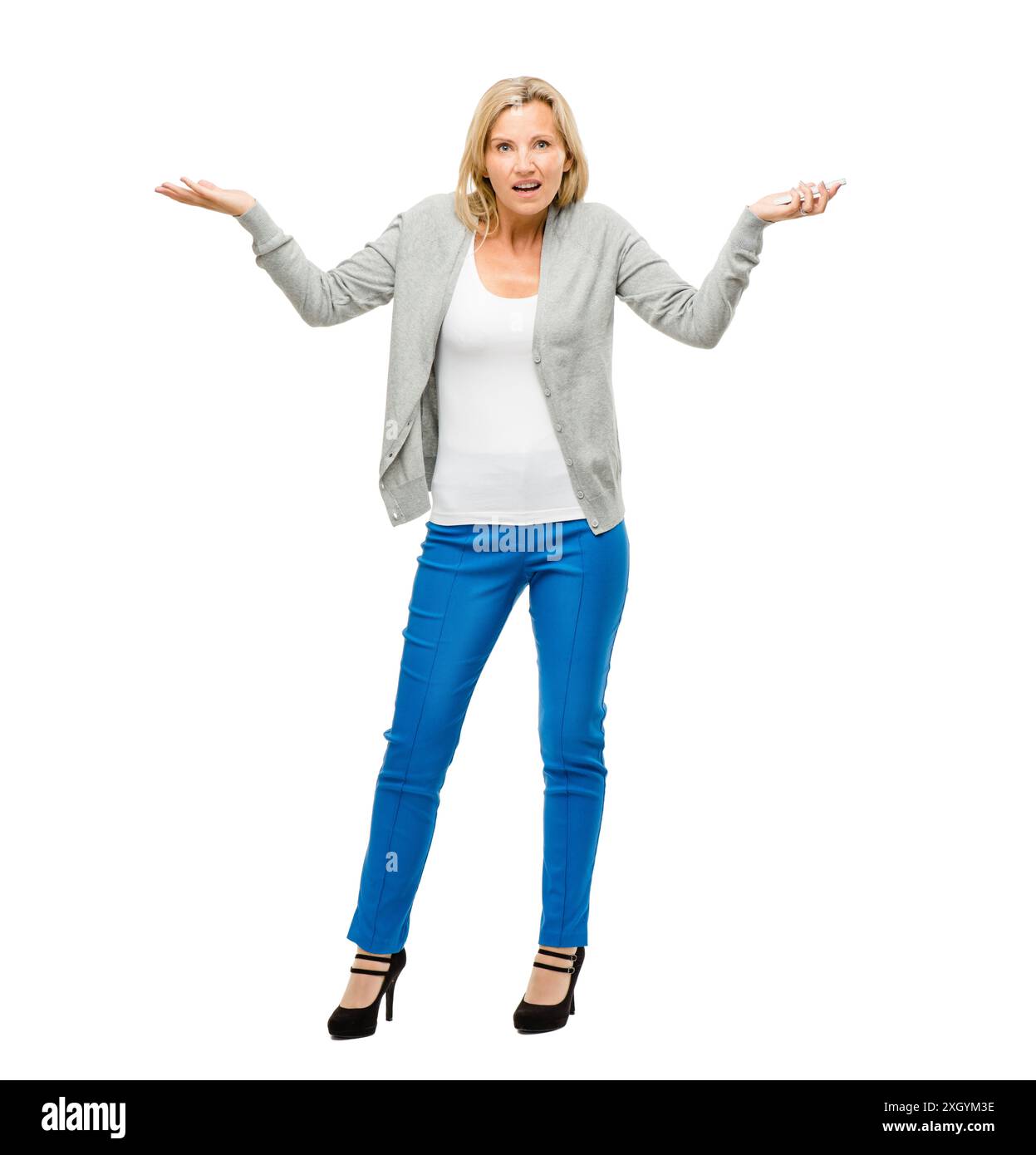 Doubt, confused and portrait of woman in studio for unsure, uncertainty and question emoji. Thinking, shrug and isolated person with hand gesture for Stock Photo