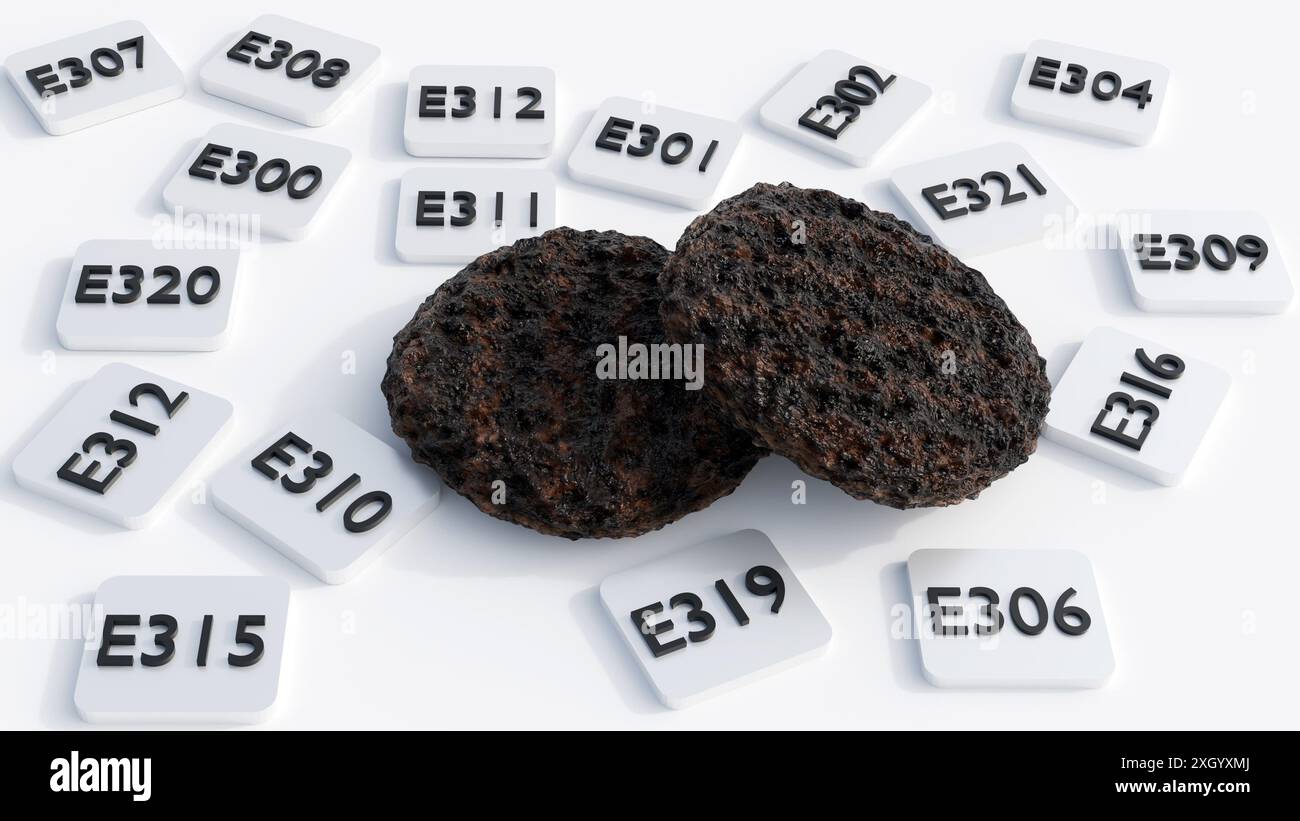 3d rendering of burger patties alongside common preservatives ...