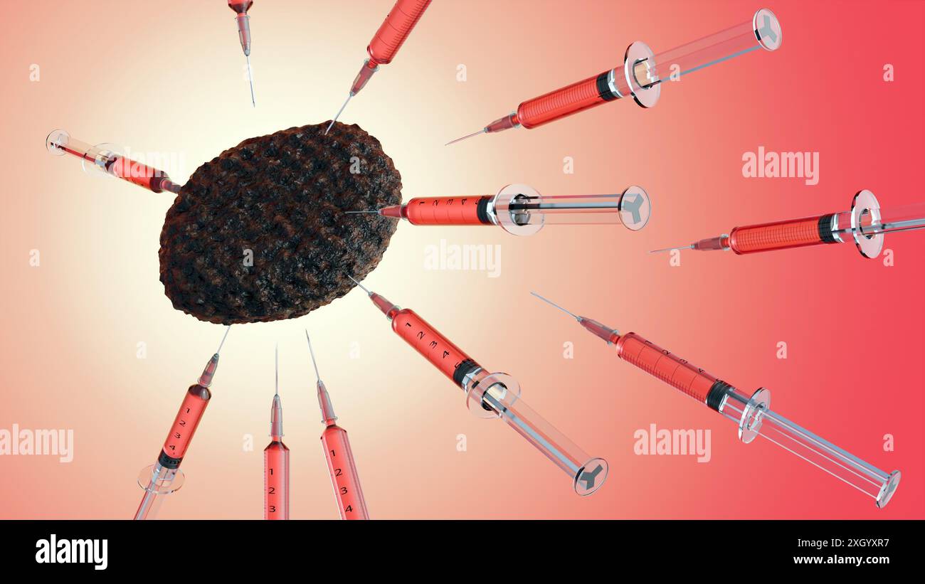 A 3D rendering depicts a raw beef patty undergoing injection with ...