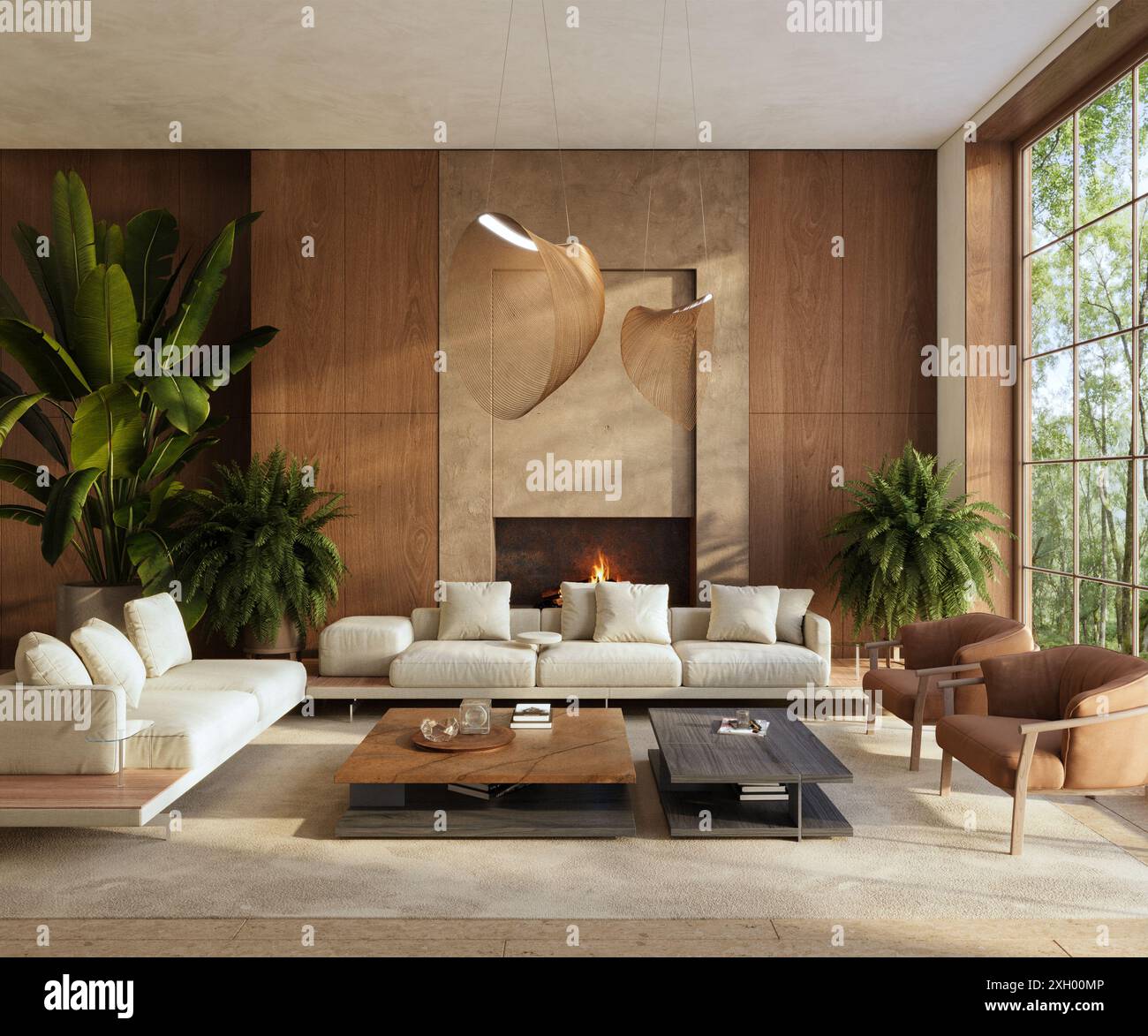 View of Minimalist living room interior with modern fireplace and wood wall ...