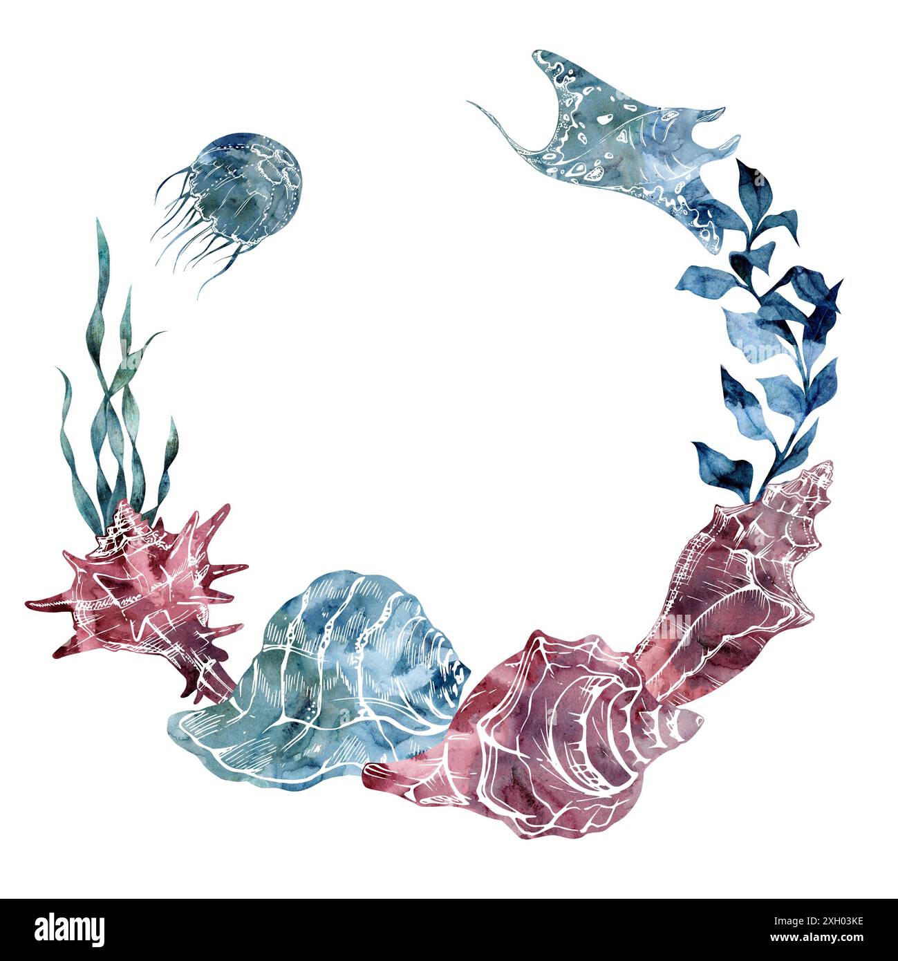 Watercolor and ink hand drawn marine life, sea ocean underwater creatures. fish, shells algae seaweed. Wreath frame illustration, stylized, isolated Stock Photo