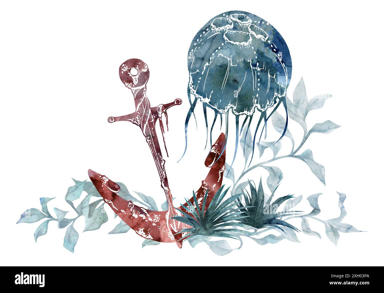 Watercolor and ink hand drawn marine life, sea ocean underwater creatures. fish, shells algae seaweed. Composition illustration, stylized, isolated on Stock Photo