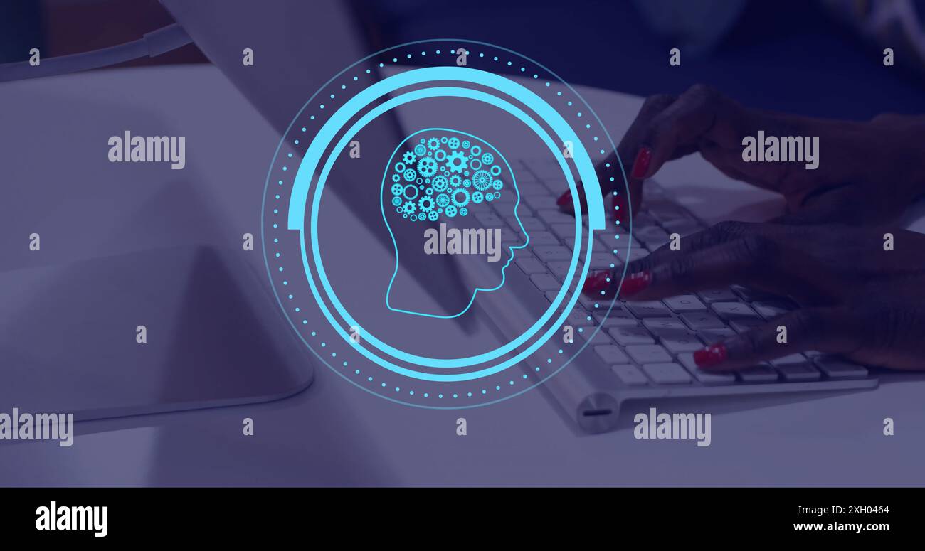Image of ai brain over african american woman typing on computer. Global artificial intelligence, data processing, computing and digital interface con Stock Photo