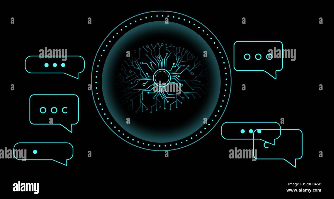 Image of human brain and ai data processing over black background ...