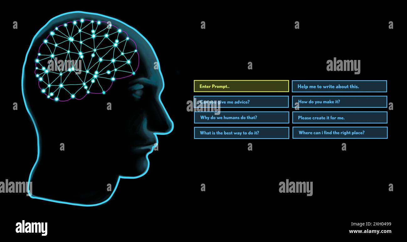 Image of human brain and ai data processing over black background ...